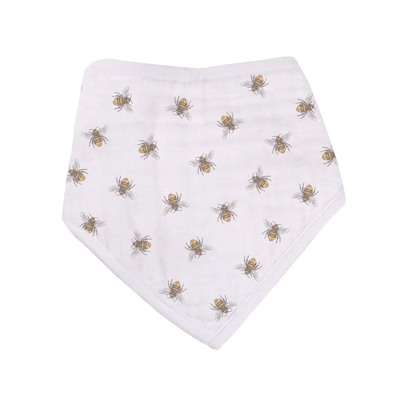 White bandana bib with bee pattern, Sunrise to Sunset Bandana Bibs made from bamboo muslin.