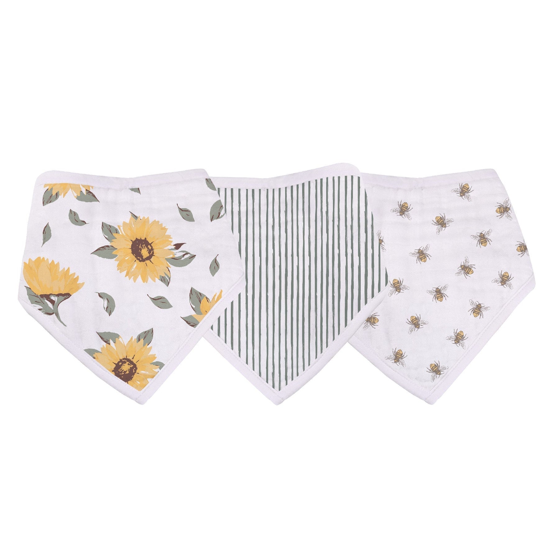 Organic baby bandana bibs from the 'Sunrise to Sunset' collection, featuring soft fabric and unique patterns.