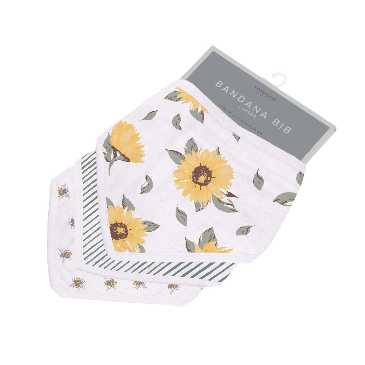 Organic baby bandana bibs from the 'Sunrise to Sunset' collection, featuring soft fabric and unique patterns.