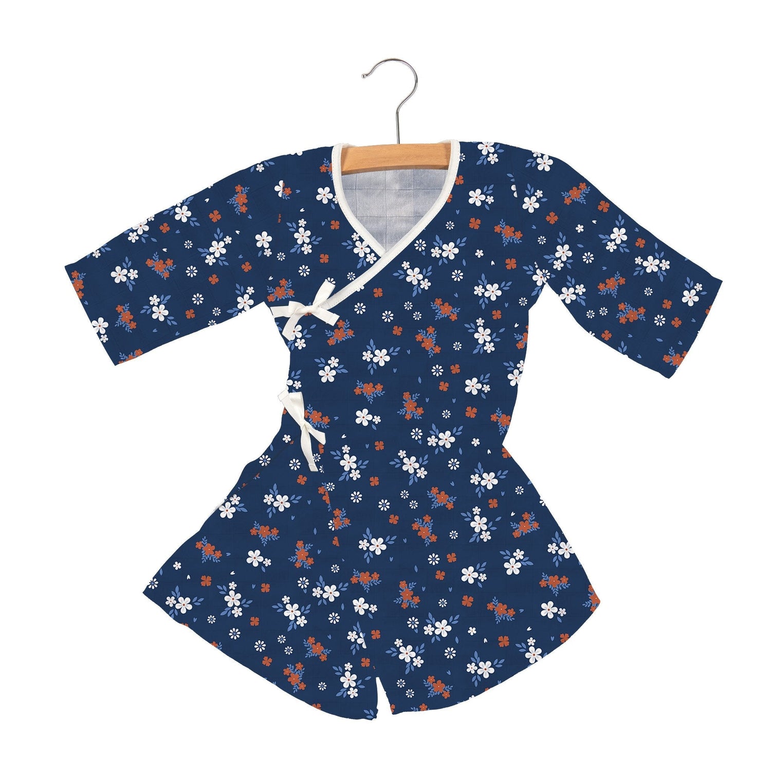 Wrap-style baby mini robe in a serenity floral print with front tie closure
