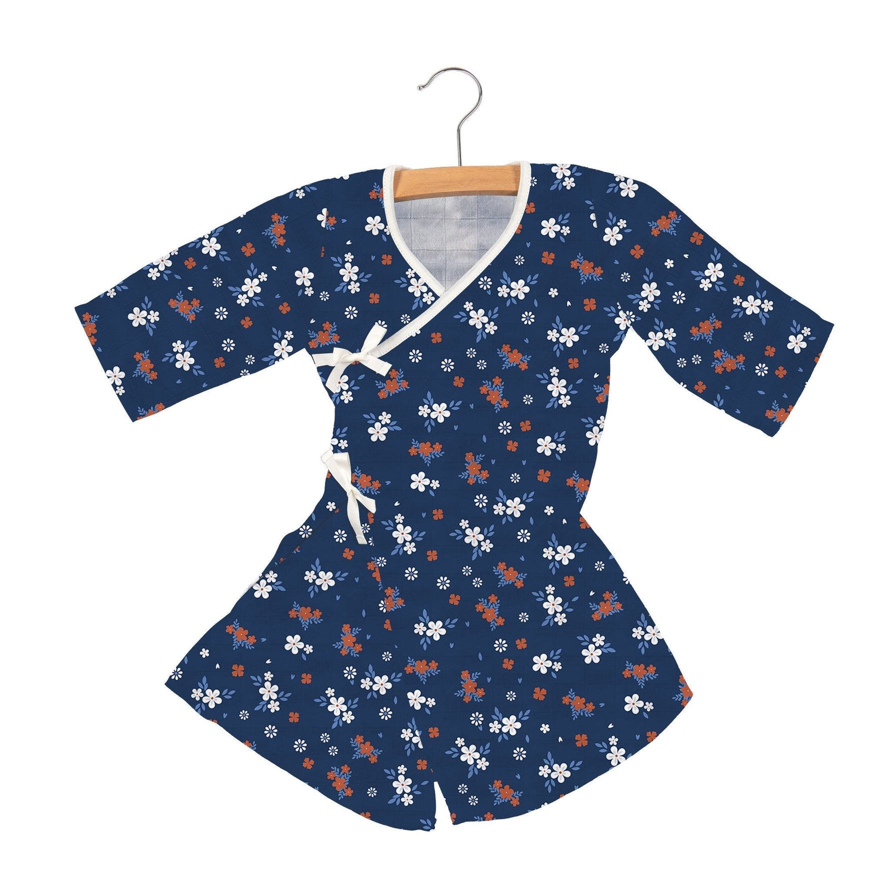 Wrap-style baby mini robe in a serenity floral print with front tie closure