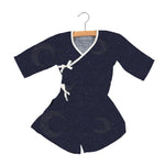 Child's bamboo muslin mini robe in a dark Midnight Moon celestial print with wrap ties and front closure