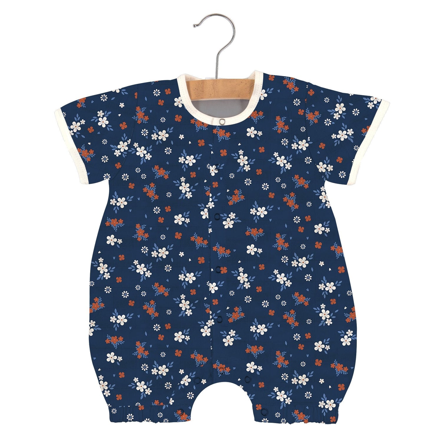 Baby romper in soft floral print with snap front and snap leg openings, made of bamboo muslin