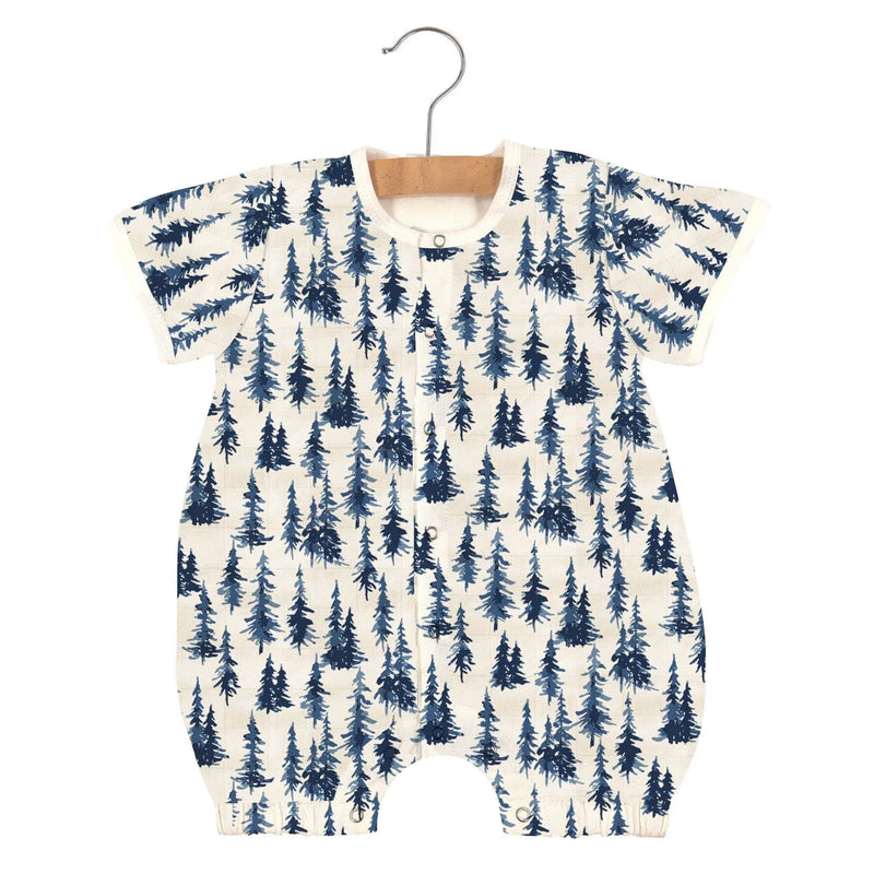 Indigo Forest Bamboo Newcastle Mini Romper with tree pattern, 100% natural bamboo muslin.