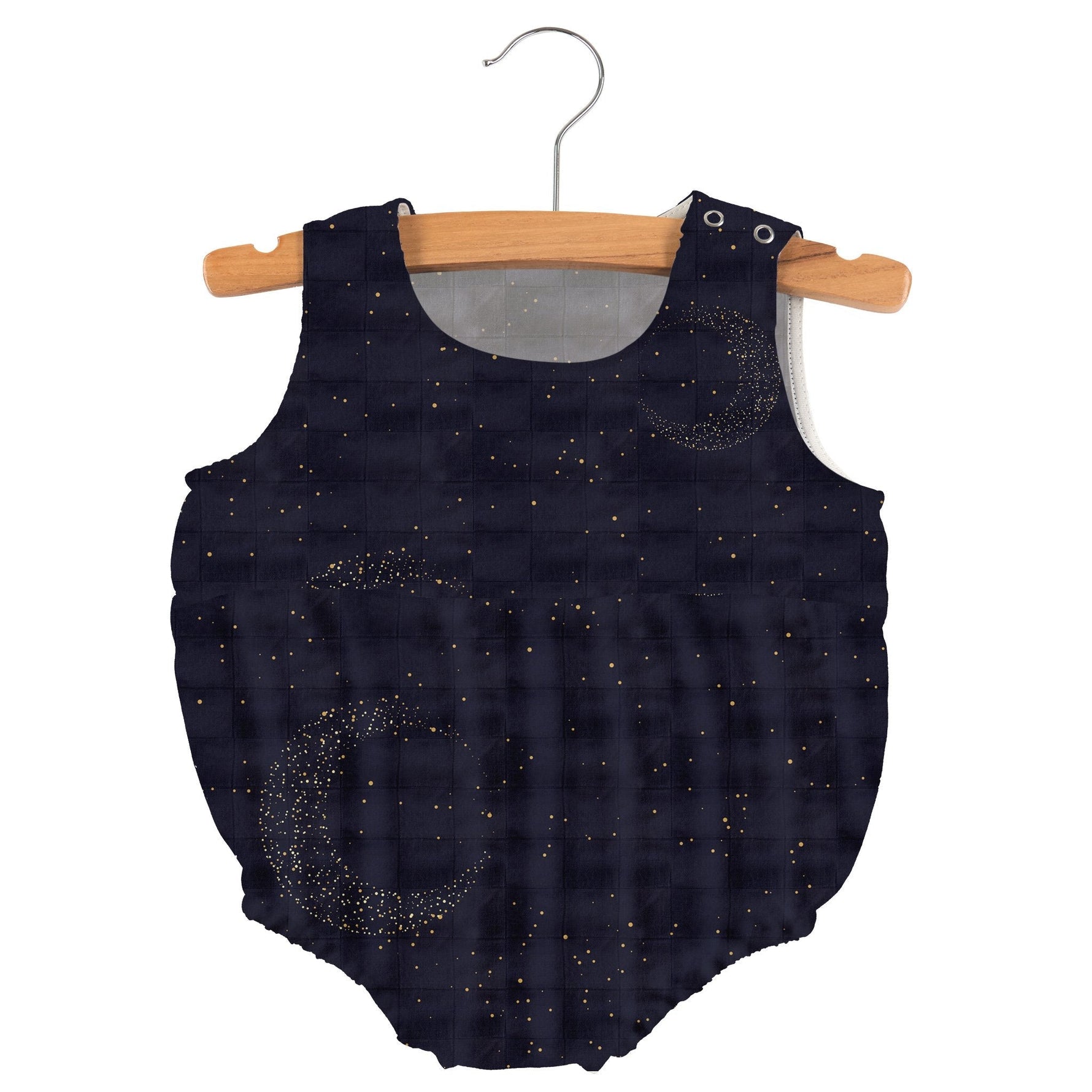 Bamboo muslin bubble romper in a dark Midnight Moon celestial print with bottom and neckline snaps