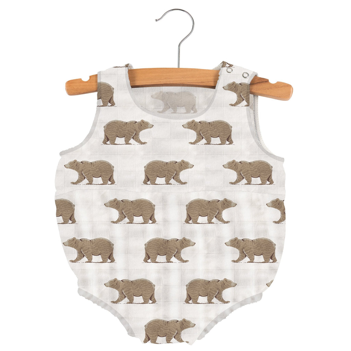 Sleeveless bamboo muslin baby bubble one-piece in a brown goodnight bear print with snap neckline
