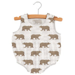 Sleeveless bamboo muslin baby bubble one-piece in a brown goodnight bear print with snap neckline