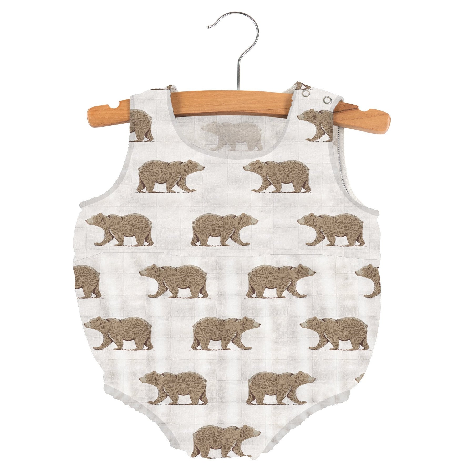 Sleeveless bamboo muslin baby bubble one-piece in a brown goodnight bear print with snap neckline