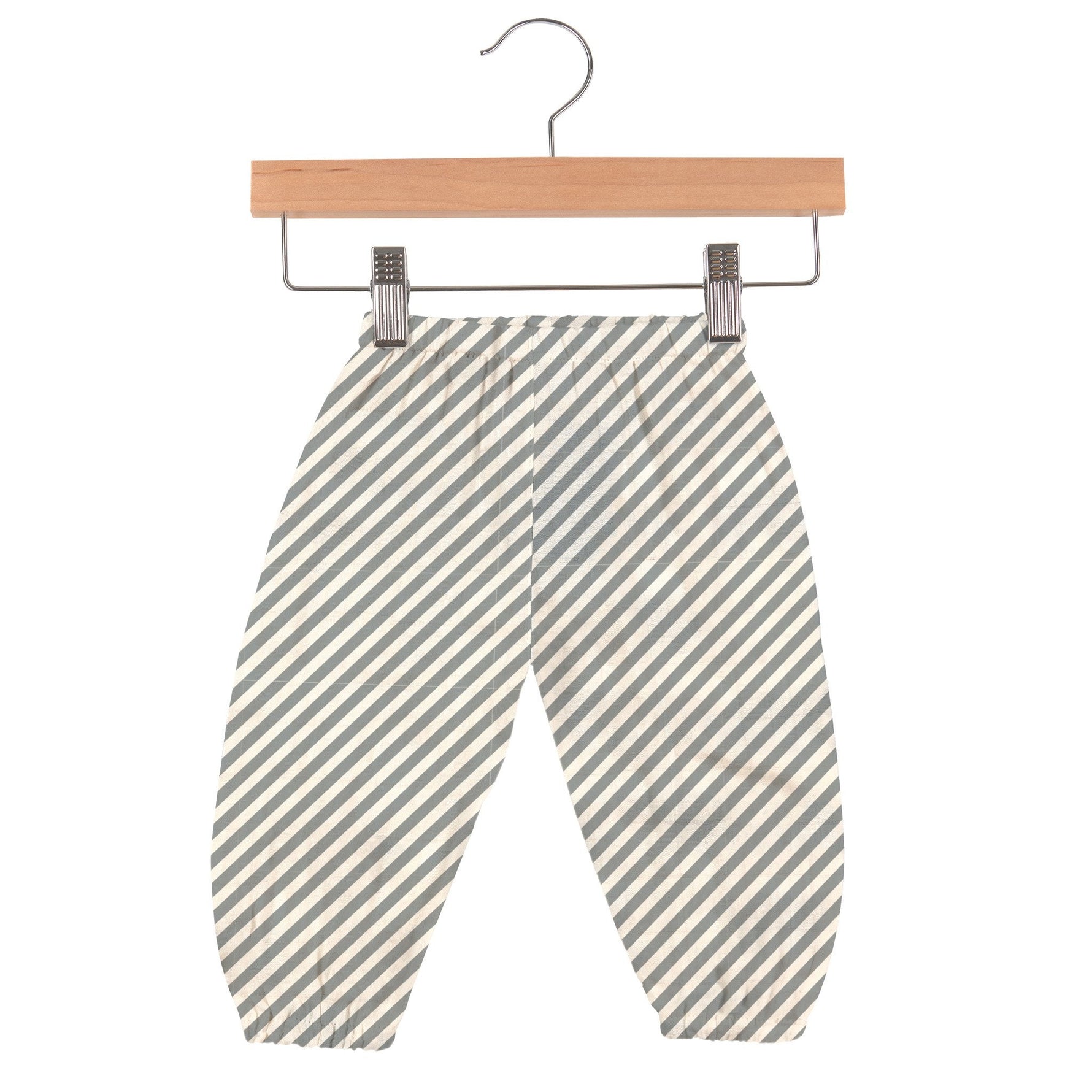 Baby pants in a striped pattern with an elastic waist and a small pocket