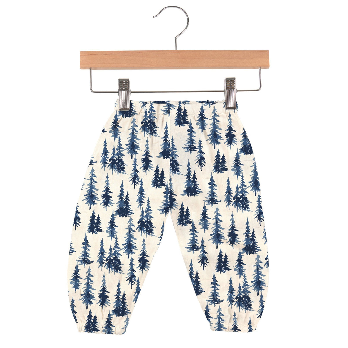 Baby pants in indigo forest print with an elastic waist