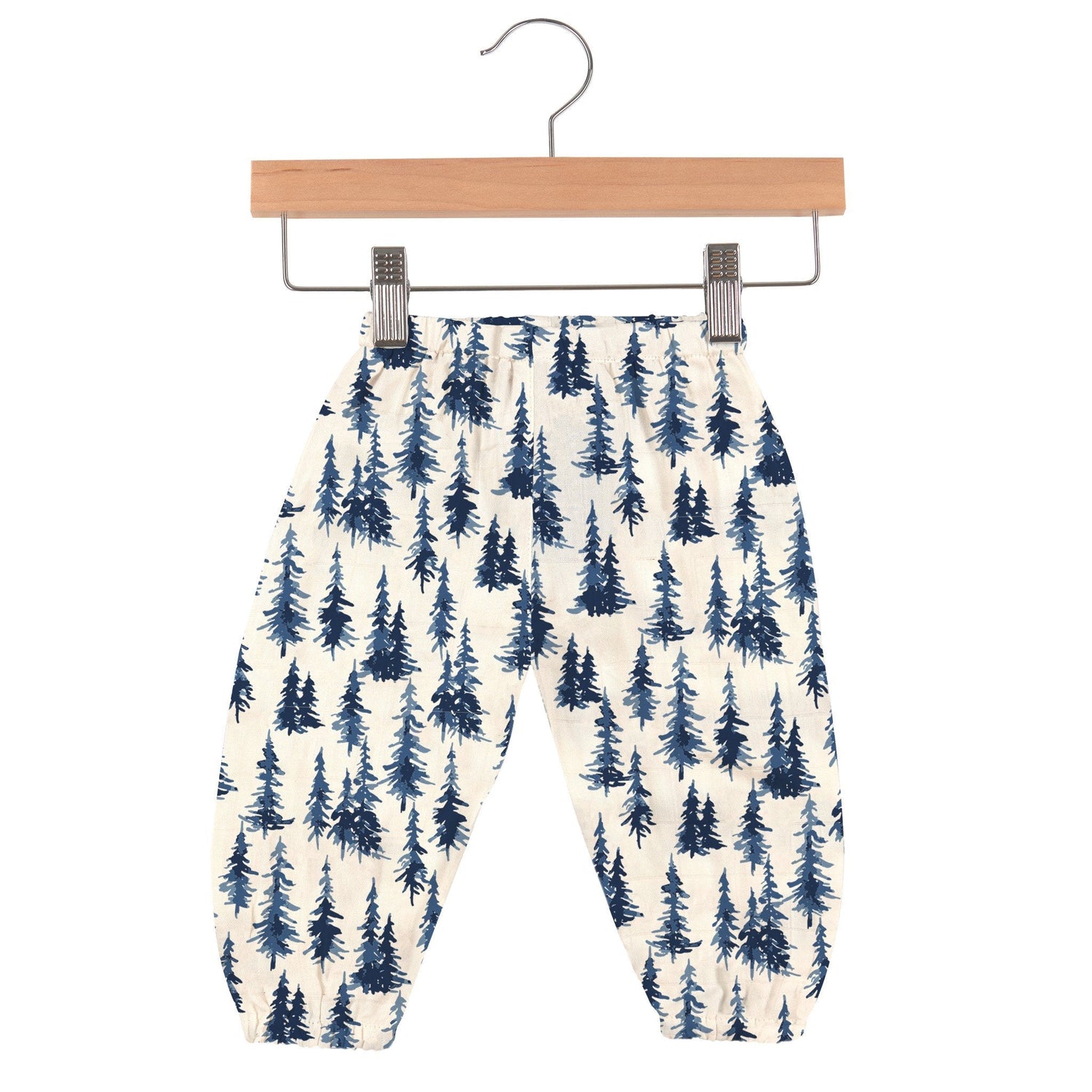 Baby pants in indigo forest print with an elastic waist
