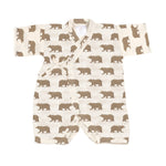 Bamboo muslin kimono-style baby jumpsuit in a brown goodnight bear print with snap leg openings