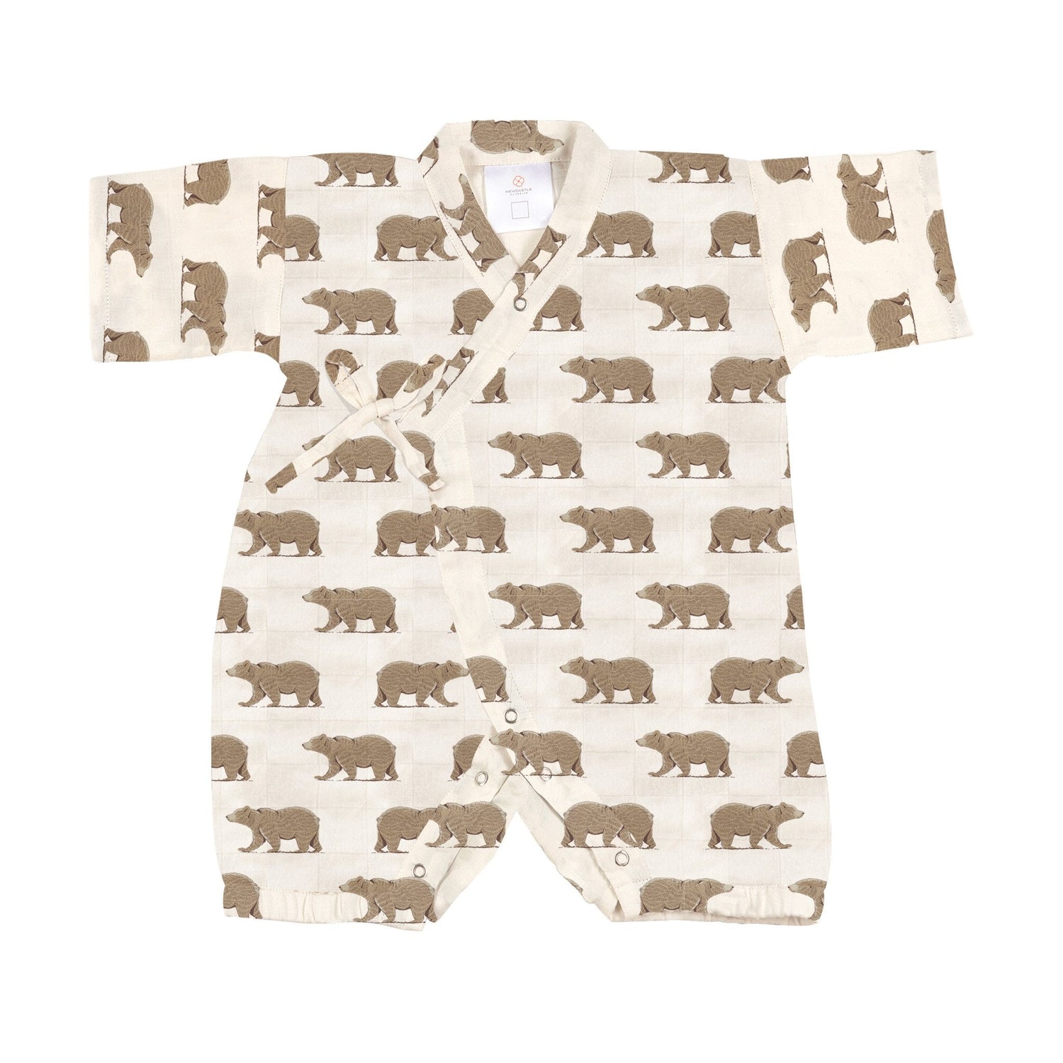 Bamboo muslin kimono-style baby jumpsuit in a brown goodnight bear print with snap leg openings