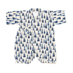 Kimono-style baby jumpsuit in indigo blue woodland print with wrap snap closure and snap leg openings