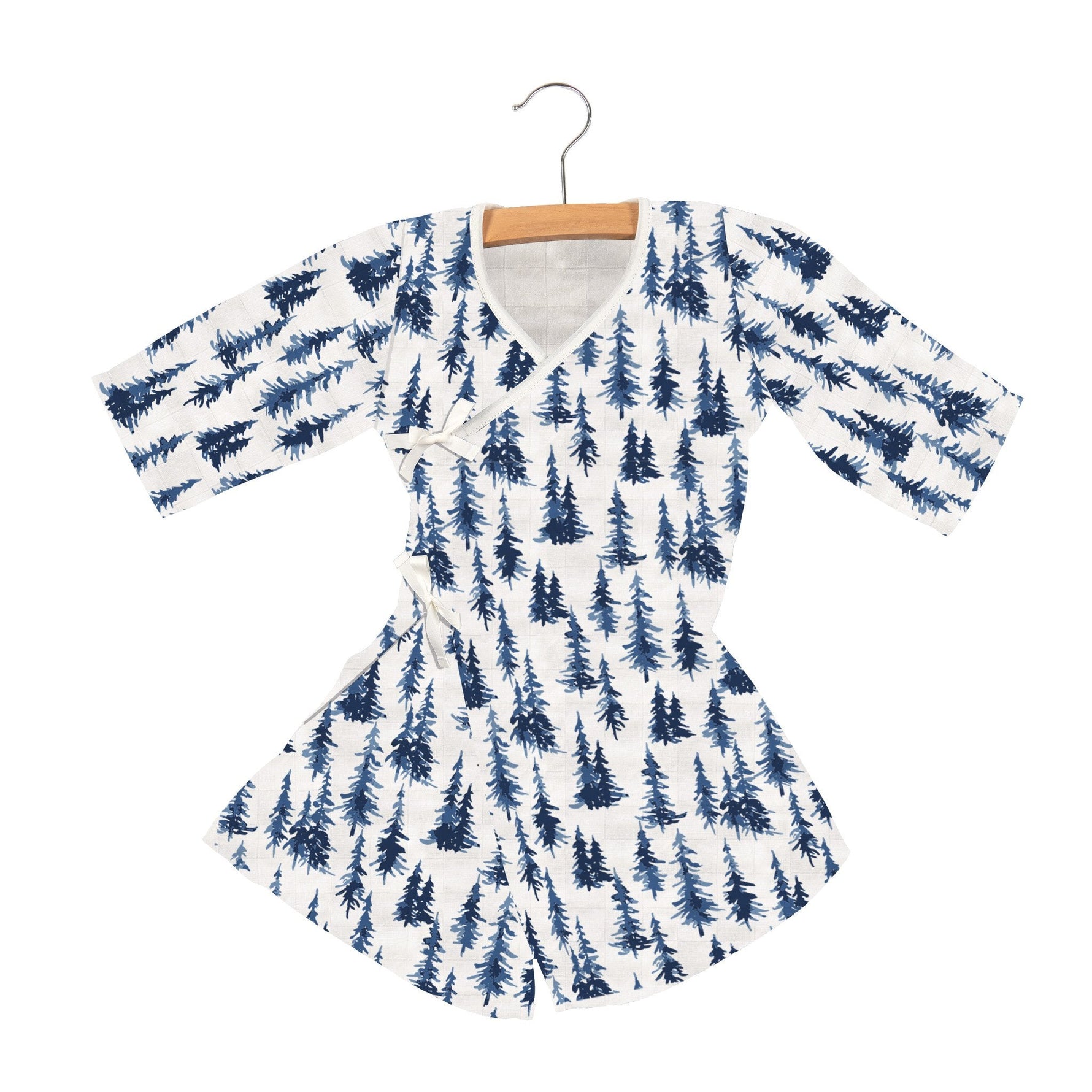 Bamboo muslin wrap dress in an indigo forest print with front tie closure