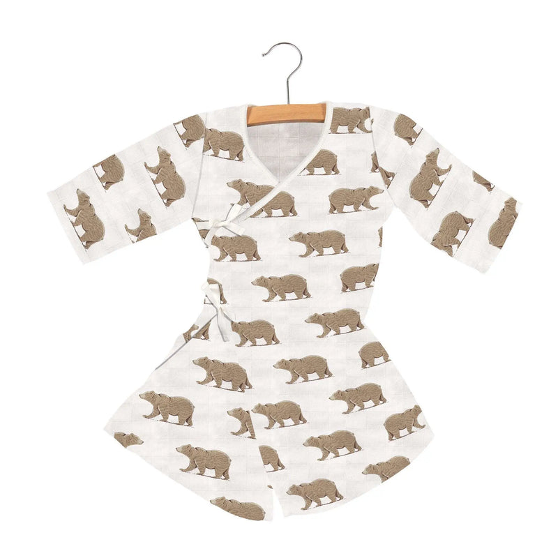 Goodnight Bear Bamboo Newcastle Mini Robe with bear pattern and adjustable wrap ties.