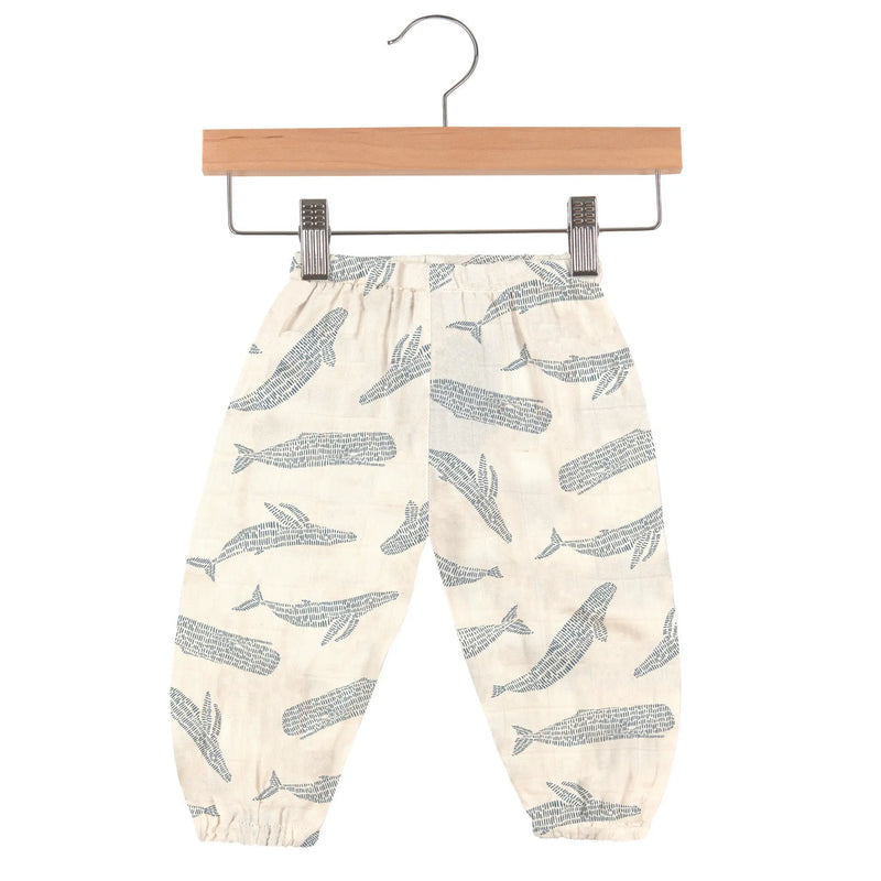 Blue Shadow Whales bamboo baby pants with elastic waist and breathable design.