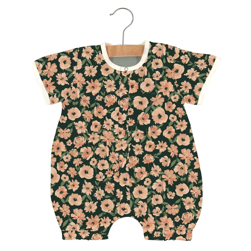 Canyon Sunset Flowers Bamboo Newcastle Mini Romper with floral pattern and snap openings.