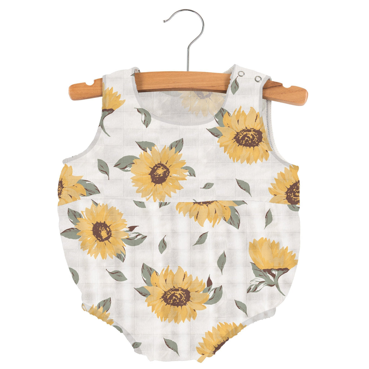 Sleeveless baby bubble romper in a sunflower farm print with snaps at the neckline and bottom
