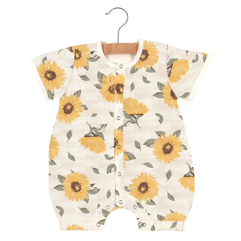 Sunflower Farm Newcastle Mini Romper made of bamboo muslin with sunflower print, easy snap openings.