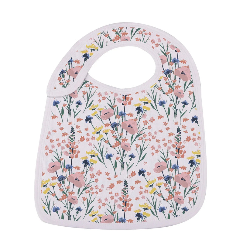 Wildflowers Snap Bibs set featuring soft bamboo muslin fabric with floral design.