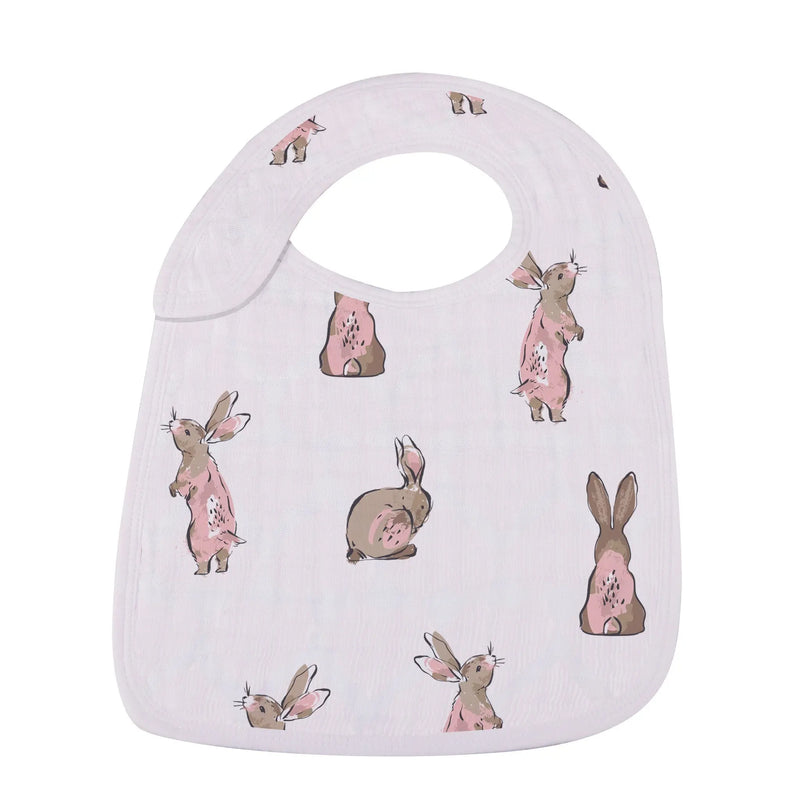 Wildflowers Snap Bib featuring rabbits, made of 100% natural bamboo muslin.