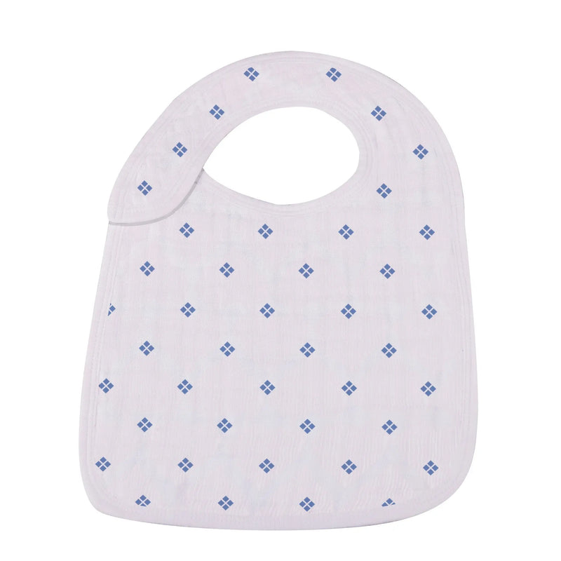 Wildflowers Snap Bibs Set of 3 made from soft 100% natural bamboo muslin with blue pattern, featuring three front snaps for adjustable fit.