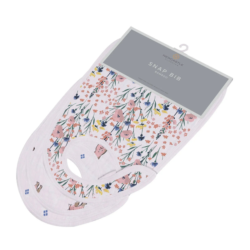Wildflowers Snap Bibs Set of 3, bamboo muslin, floral design, 9x12 inches.