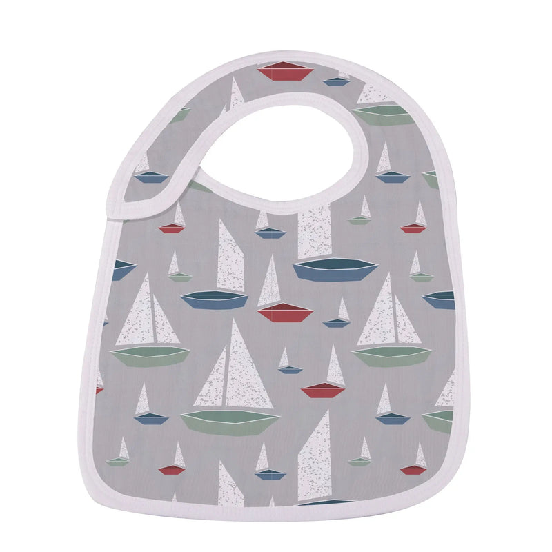 Ocean Tides Bamboo Snap Bib with sailboat pattern, natural bamboo muslin, soft and absorbent.