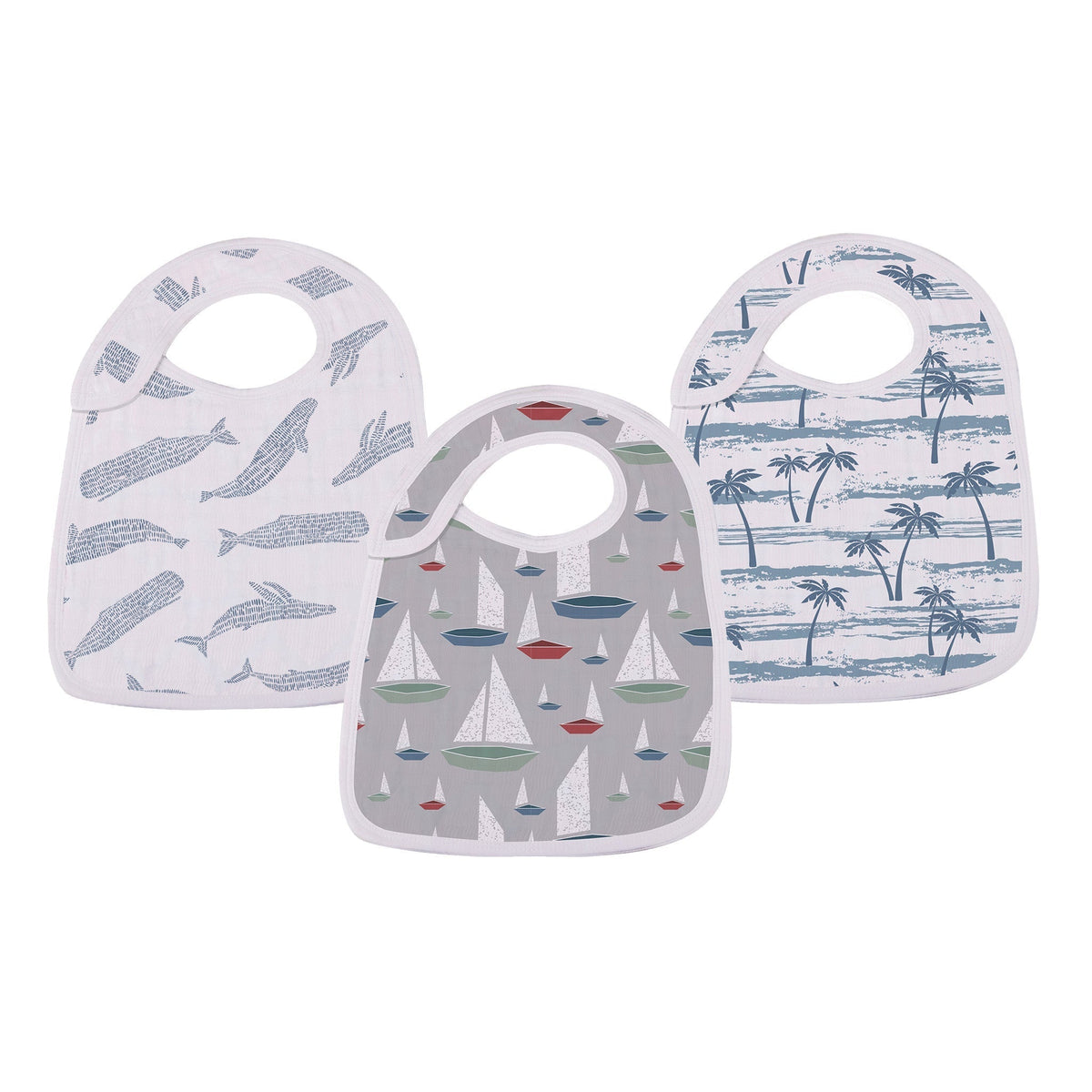 Set of organic bamboo snap bibs in various blue and green ocean tides patterns for baby.