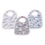 Set of organic bamboo snap bibs in various blue and green ocean tides patterns for baby.