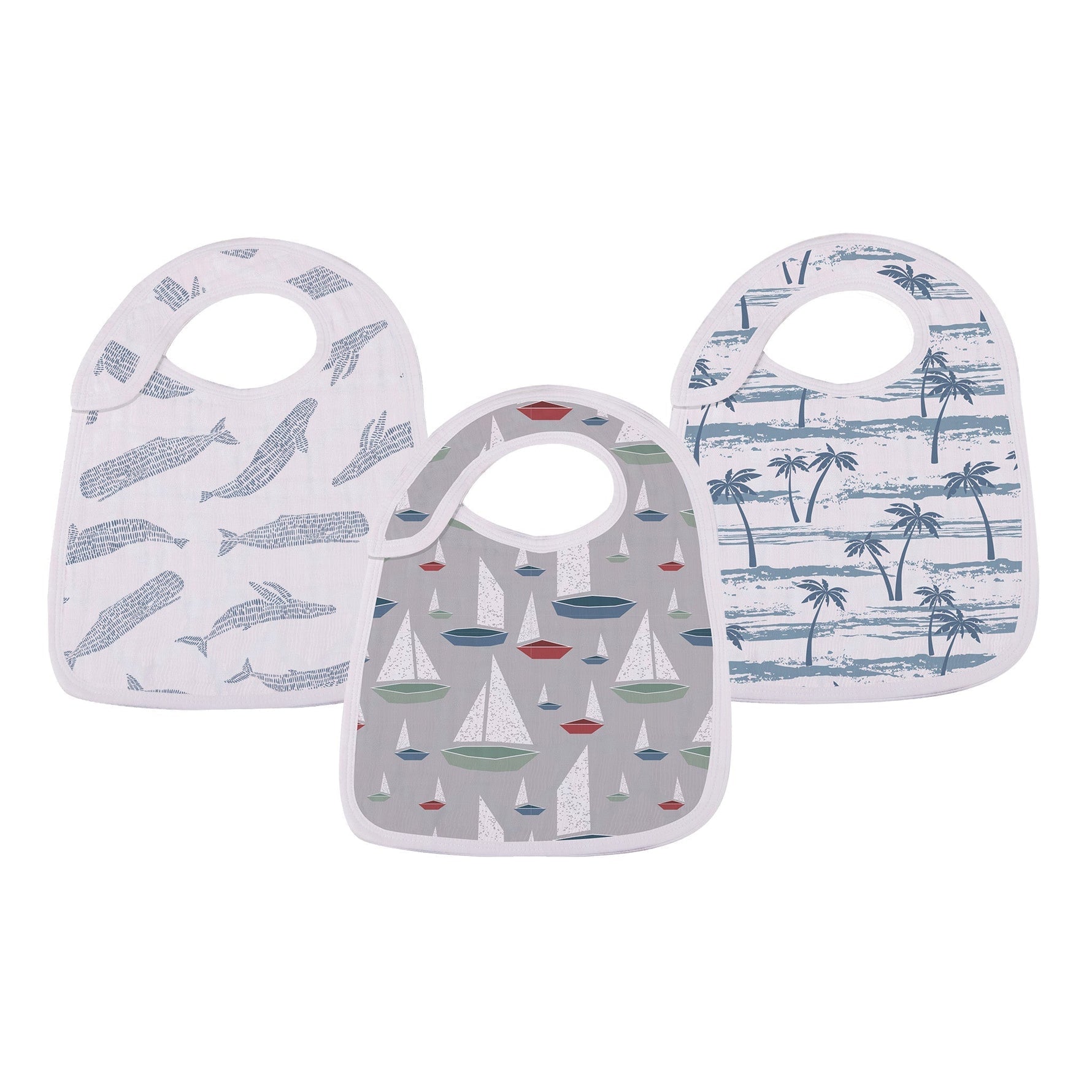 Set of organic bamboo snap bibs in various blue and green ocean tides patterns for baby.