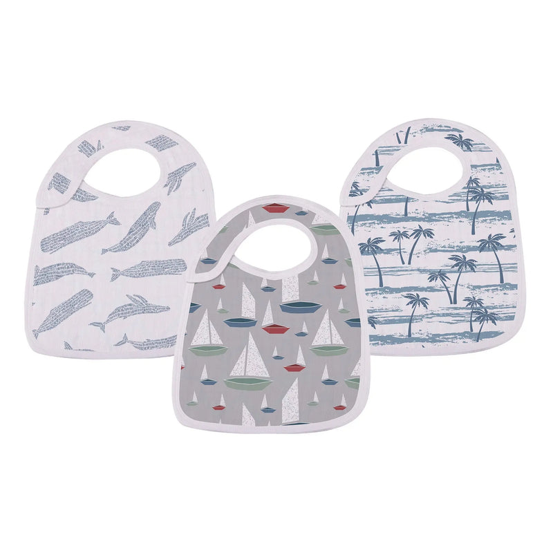 Ocean Tides Bamboo Snap Bibs, 100% natural bamboo muslin, 3-snap design, absorbent fabric, 9x12 inches.