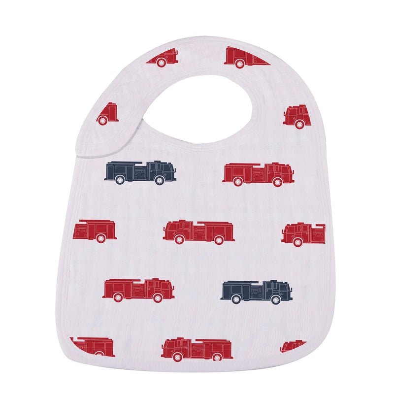 Three-pack of "Things That Go Snap" bibs featuring 100% natural cotton muslin with red and black vehicle patterns.