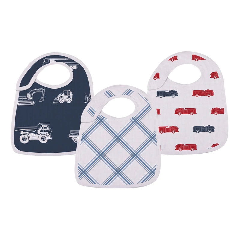 Things That Go Snap Bibs 3-pack, featuring soft cotton muslin with vehicle patterns and snap closures.