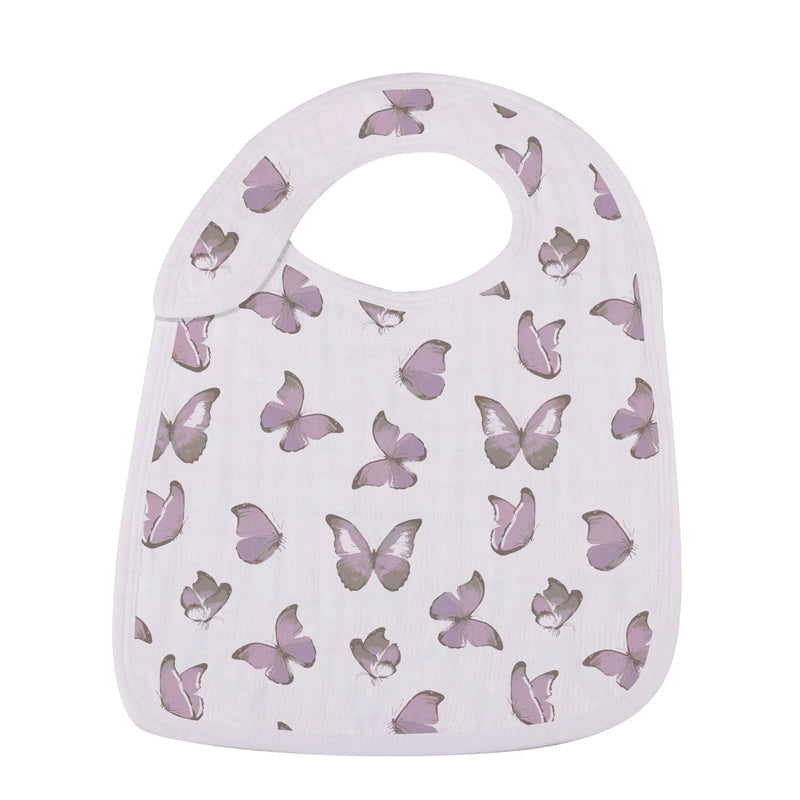 Mountain Meadow Snap Bibs Set featuring butterfly print on cotton muslin with adjustable snaps.