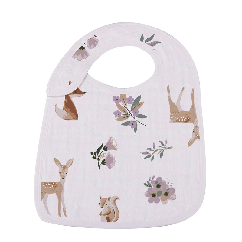 Mountain Meadow Snap Bib with nature print, 100% cotton muslin, adjustable snaps.