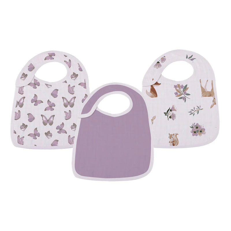 Mountain Meadow Snap Bibs Set in cotton muslin with nature-themed prints, featuring multiple snaps.