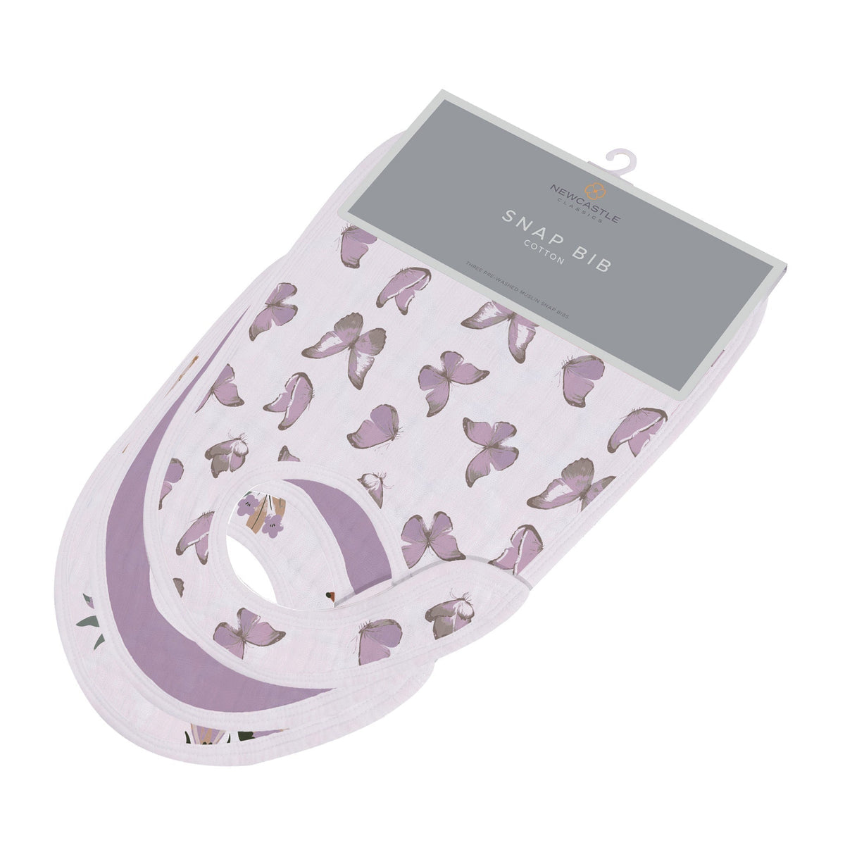 Snap bibs in a pink mountain meadow print, shown with neck snaps for adjusting the fit