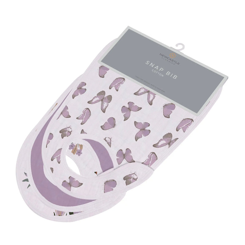 Mountain Meadow Snap Bibs set with butterfly pattern, made from 100% natural cotton muslin, featuring multiple snaps for adjustable fit.