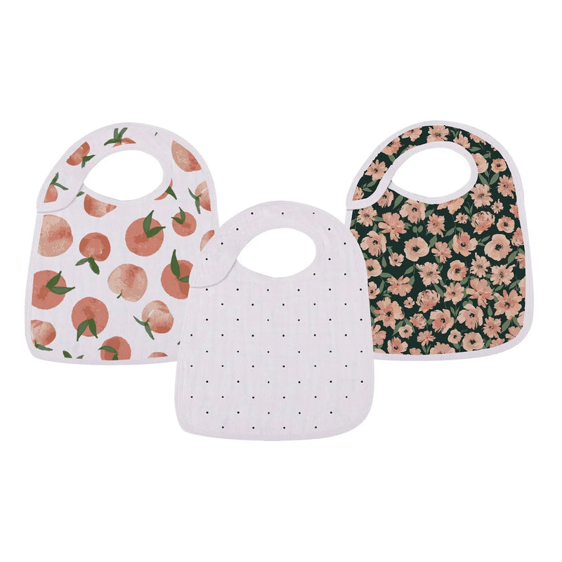 Canyon Sunset Bamboo Snap Bibs 3PK with stylish designs, made from 100% natural bamboo muslin, featuring three front snaps for a perfect fit.