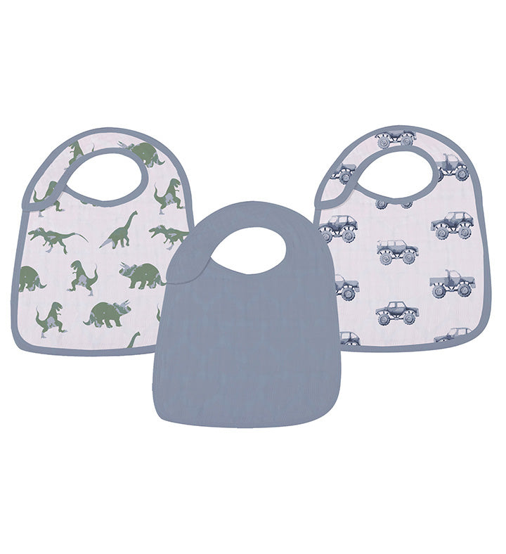 Rough Terrain Cotton Snap Bibs with dinosaur and vehicle prints, 100% cotton muslin, extra absorbent, multiple snaps for secure fit.