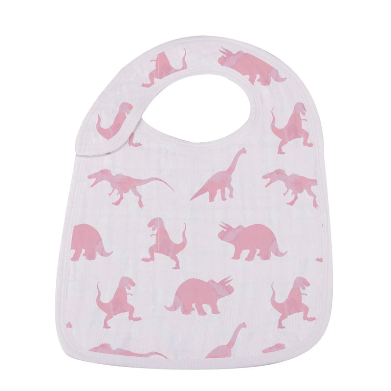 Pretty In Pink bamboo muslin snap bib with dinosaur print.