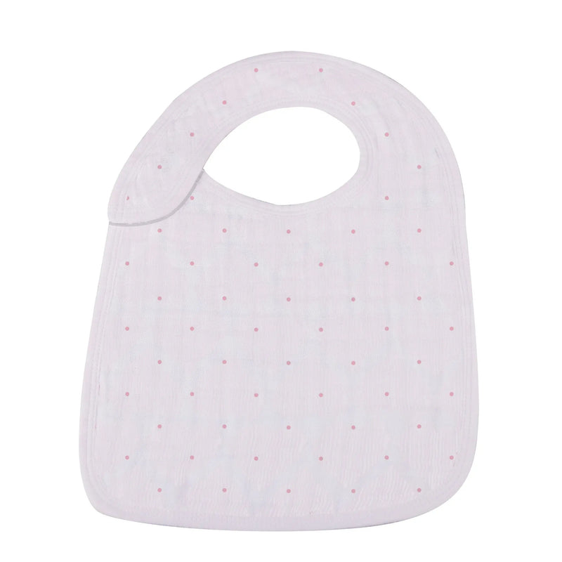 Pretty In Pink bamboo snap bib featuring soft, natural bamboo muslin with a front snap closure.