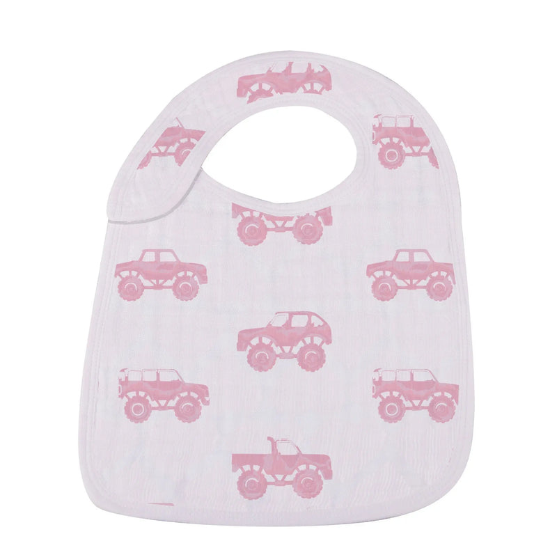 Pretty In Pink bamboo snap bib featuring pink vehicle patterns on white muslin fabric.