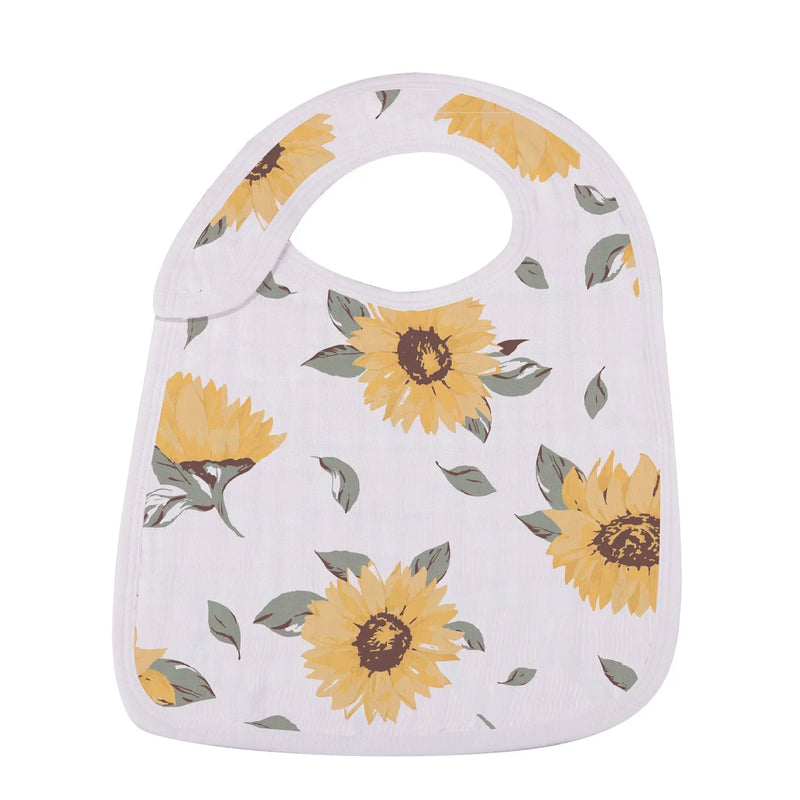 Sunrise to Sunset Snap Bib made from 100% natural bamboo muslin with sunflower pattern.