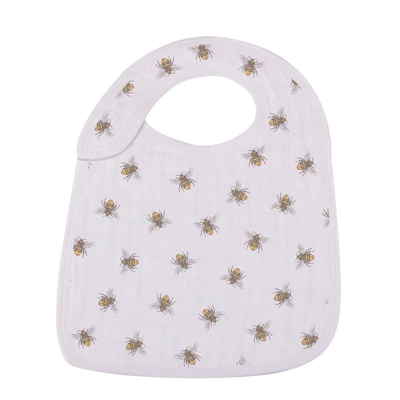 Sunrise to Sunset Snap Bibs made of natural bamboo muslin with bee pattern.