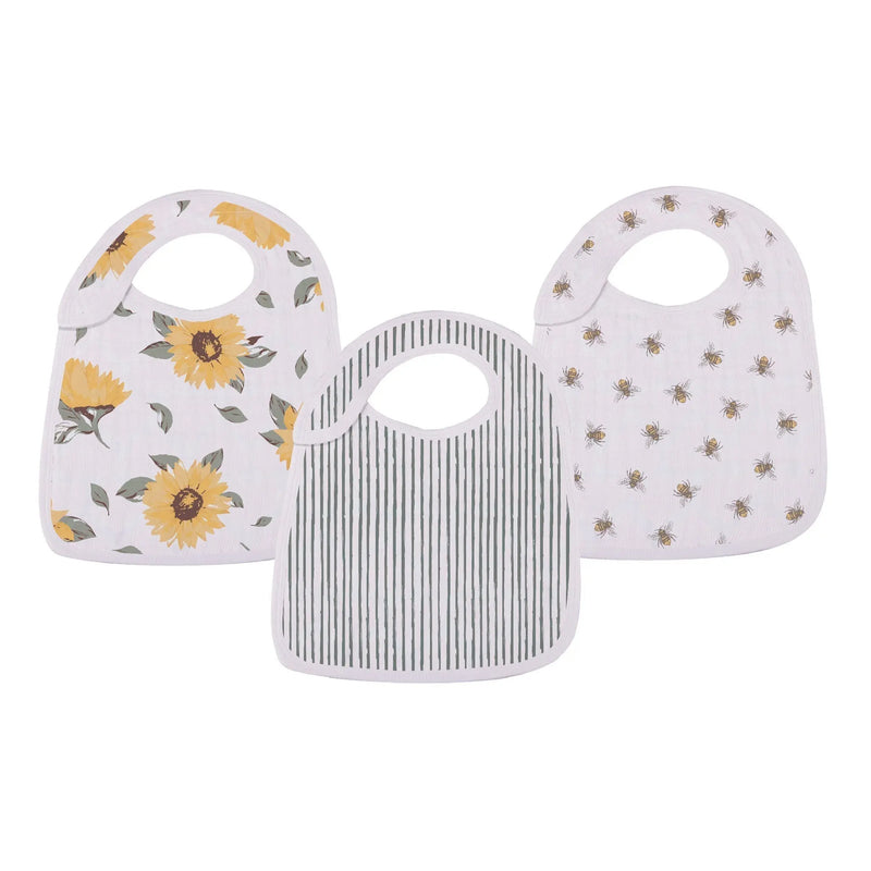 Soft bamboo muslin bibs with sunflower, stripe, and bee patterns, featuring three front snaps for adjustable fit.