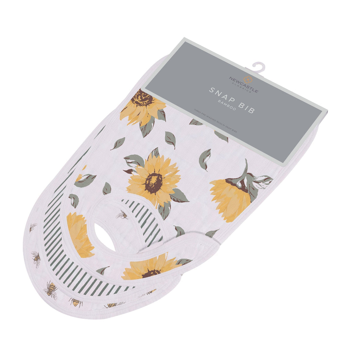 Bamboo muslin baby bibs in sunrise-to-sunset colors with three front snaps