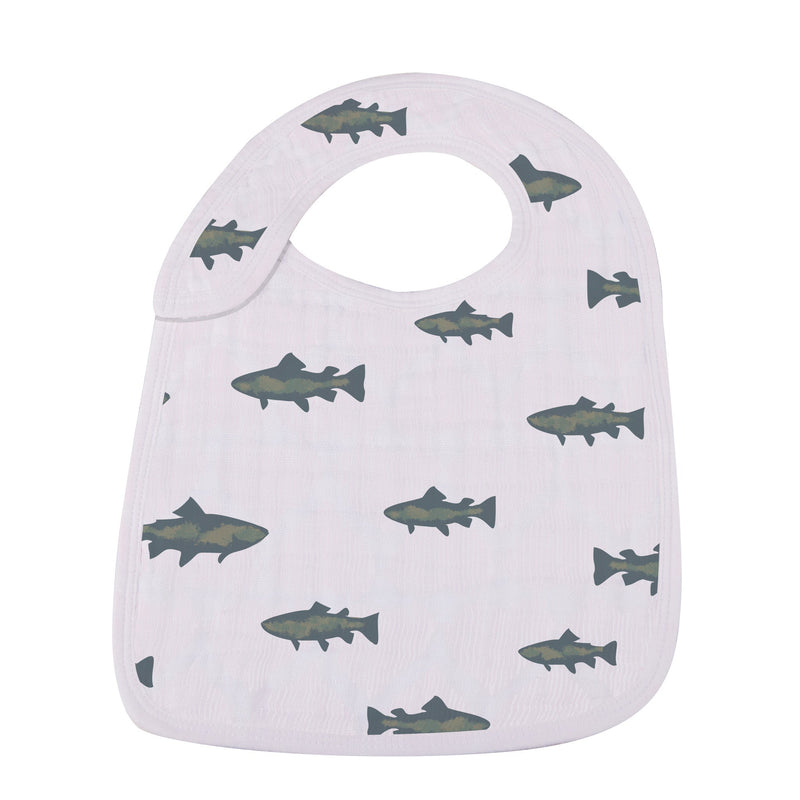 Gone Fishing Snap Bibs with fish pattern, made from 100% natural bamboo muslin.
